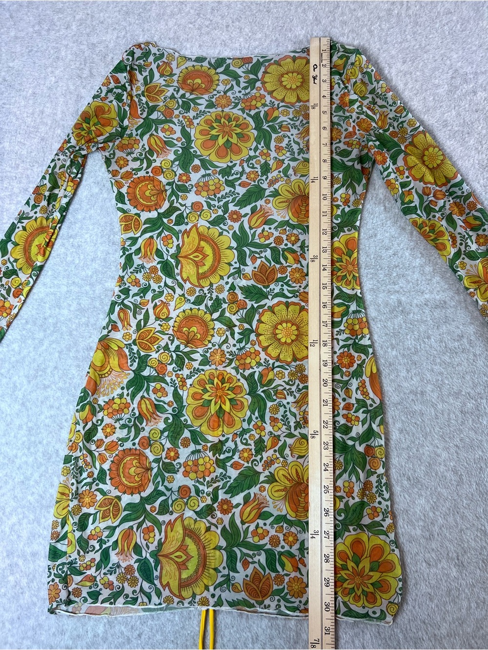 Retro Hippie Mesh Floral Long-Sleeve Mini Sheer Dress Deep V Back - Picture 11 of 14